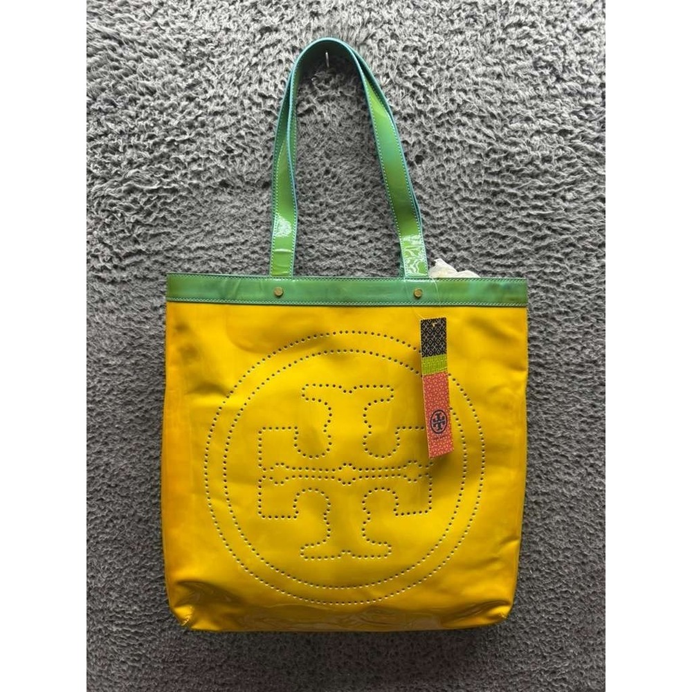 NWD Tory Burch Patent Leatherβ Contrast T-Tote Bag Yellow Turquoise One Size
